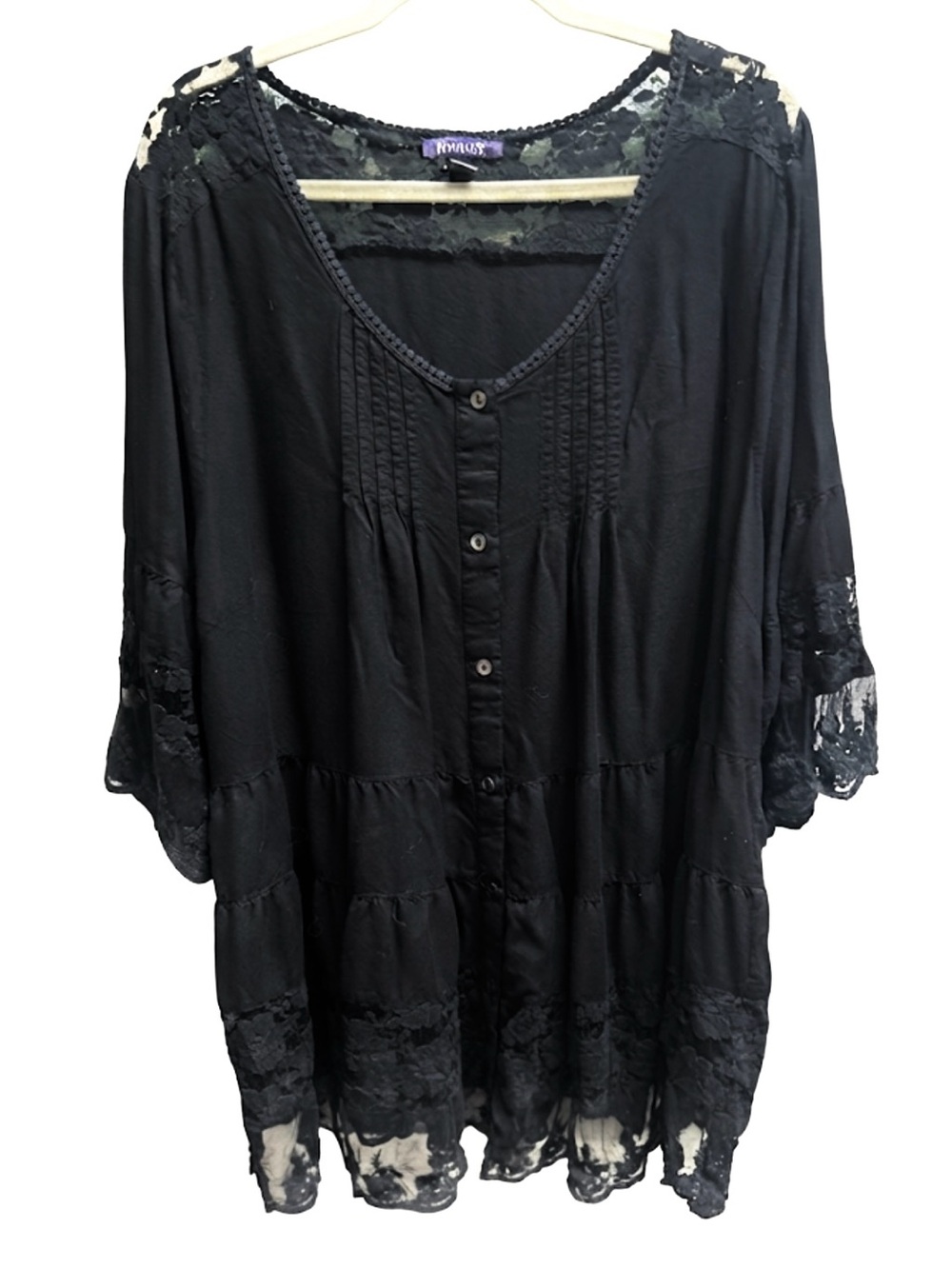 Roaman’s Black Lace Tiered Babydoll Tunic Top Plus 28 EUC Whimsigoth Coquette